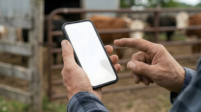 Cattle rancher holding smartphone with blank screen for livestock management or cattle tracking app mockup