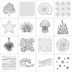 Black and White Oceanic Line Art Illustrations of Sea Creatures and Patterns with jellyfish and starfish and seaweed in waves coral for fish scales © Asif