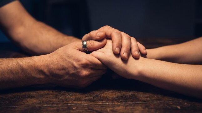 Close up of a man holding a woman hand on wooden table with love and care