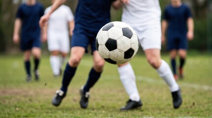 Fototapeta premium Soccer player competing for ball on field. Athlete running during match game. Team sport competition, activity and healthy lifestyle. Professional training outdoor on green grass.