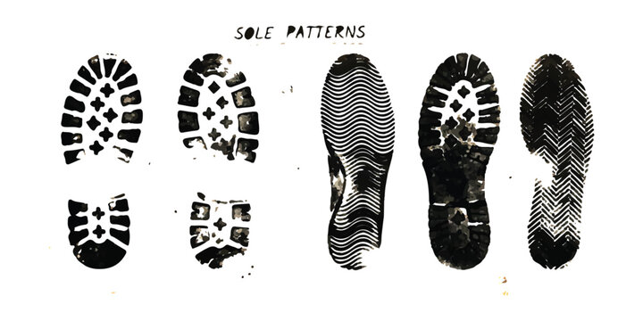 Set of different shoe sole patterns and footprints showing various tread designs in black ink