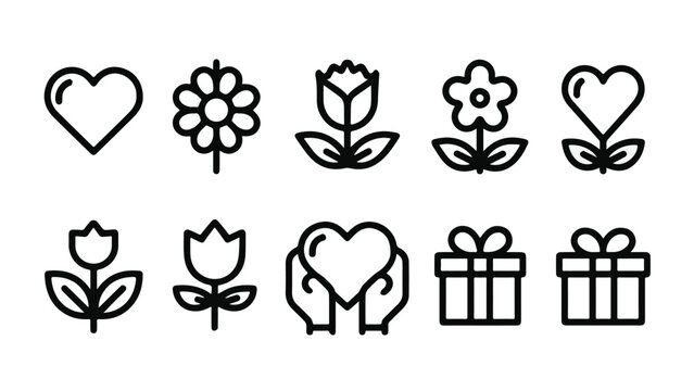 Set of Heart and Flower Icons with Gift and Love Symbols.