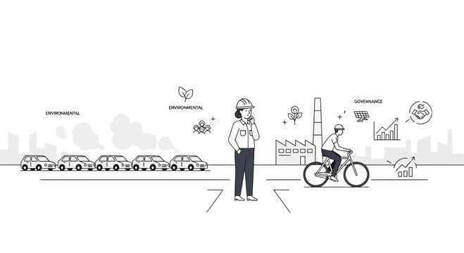Sustainable City vs. Pollution: Eco-friendly transport, industry, and governance concept