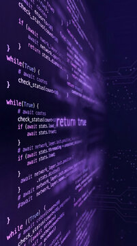 Purple abstract background with lines of code and circuit board elements, symbolizing technology, programming, and data.