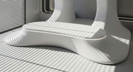 Naklejka premium Futuristic minimalist white organic bench in modern interior with striped shadows from window blinds