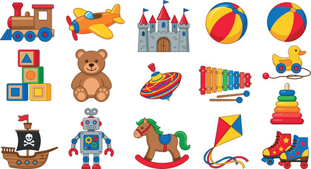 Fototapeta premium Childrens toy icon set with cartoon train airplane castle teddy bear robot rocking horse and blocks vector illustrations for kids nursery designs