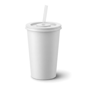 Blank white paper cup with plastic lid and straw for cold drinks.fountain soda cup