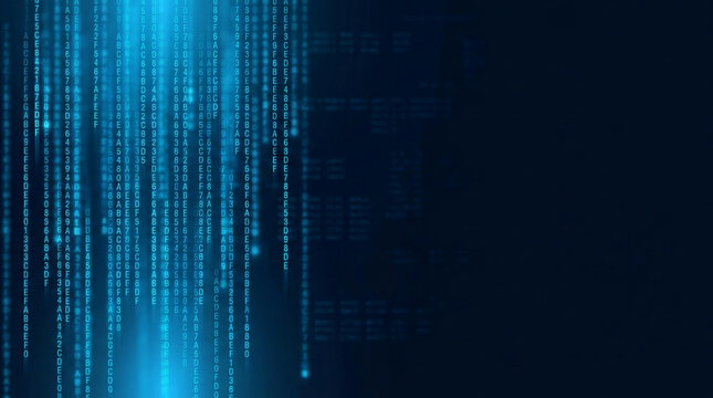 Digital matrix of glowing blue characters cascading down against a dark background, symbolizing data, coding, and technology