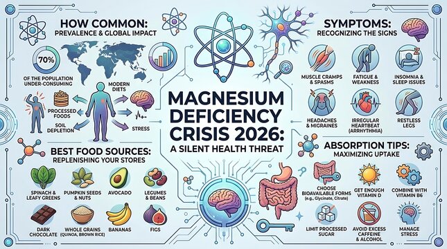 Medical infographic outlining magnesium deficiency signs and sources