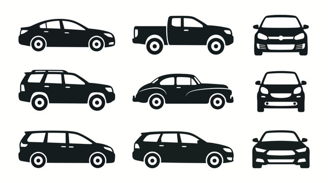 Diverse automobile silhouettes collection, various car models and vehicle types for transport design