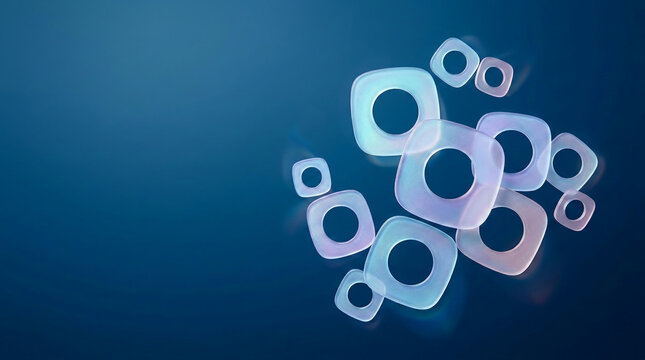 Frosted, translucent square-shaped rings on a dark blue gradient background, symbolizing abstract design, technology, or modern concepts with free space