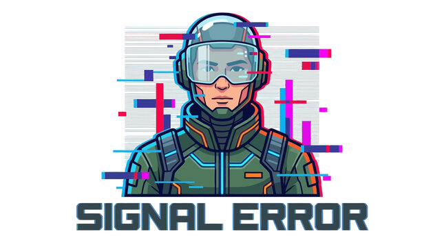 Futuristic soldier portrait with digital glitch effect, cybernetic character wearing a tactical helmet and visor, scifi gaming avatar, signal error concept