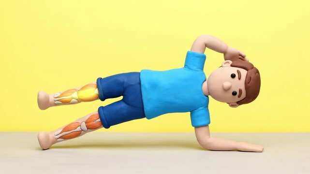 Animated character performing a side plank exercise with visible muscles.