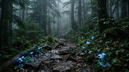 Obraz premium Rugged rocky hiking trails wind deeply into dense moody forests filled with heavy morning mists and beautiful glowing blue tiny mushrooms.