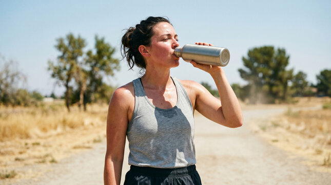 A woman drinks from a reusable bottle to quench her intense thirst under the scorching sun during a heat wave