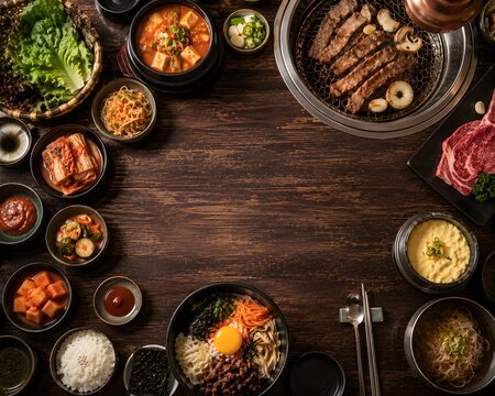 Korean food traditional dishes border on dark wood table background, copy space for menu