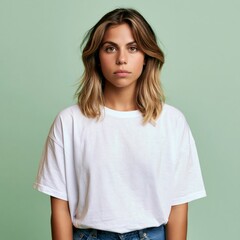 Obraz premium Young Woman in Blank White T Shirt on Green Background Minimal Studio Portrait Mockup