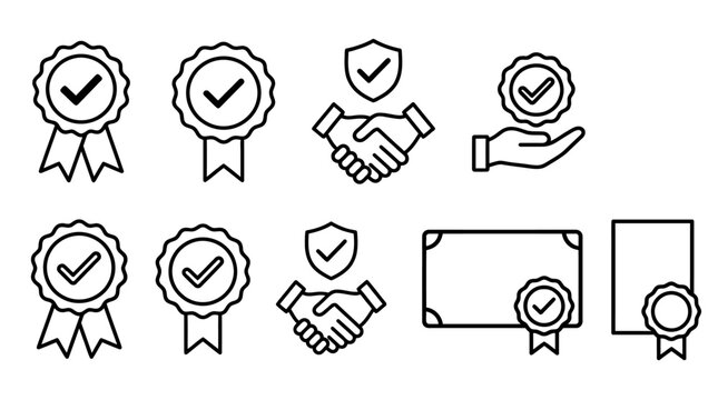 Vector Outline Icons Set for Quality Certification, Business Guarantee, Trust Handshake, and Official Award Documents