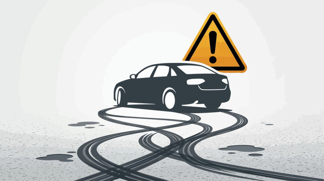 Car skid marks on wet road surface with an orange warning sign icon indicating dangerous driving conditions and loss of vehicular control