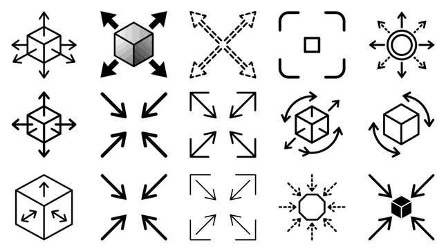 Collection of Geometric Transformation and Dimensional Movement Vector Icons Representing Expansion Scaling and Spatial Manipulation