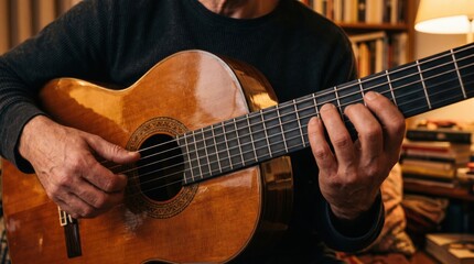 Obraz premium Man playing acoustic guitar. Hands of musician strumming wooden string instrument. Musical hobby, practice and performance concept. Melody creation in cozy home study room atmosphere.