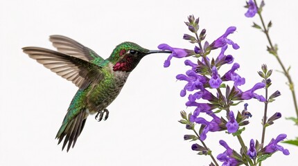 Fototapeta premium Shimmering green hummingbirds hover gracefully in mid-air feeding from beautiful blooming purple salvia flowers on pure white backgrounds.