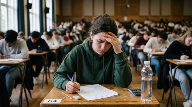 Stressed woman student writing exam in university lecture hall. Girl feeling tired and anxious while taking difficult test. Concept of academic pressure, education and scholastic challenge.