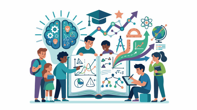 A colorful illustration of diverse students and teacher learning with graphs and equations