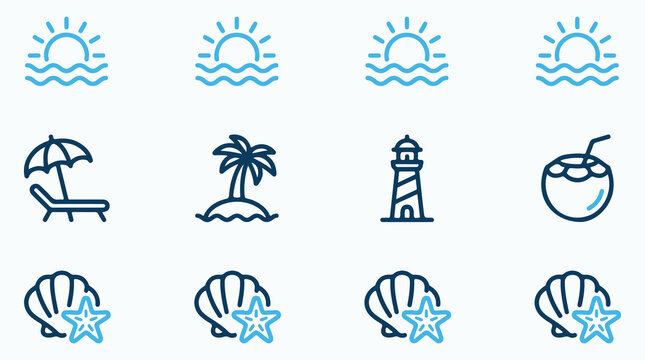 Repeated summer beach and travel icons in blue outline style