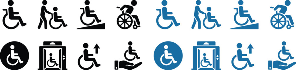 wheelchair icon collection with accessibility pictograms in black and blue vector style © Tahara