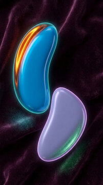 Abstract glossy bean-shaped forms in blue and purple shimmer on a dark textured background, symbolizing fluidity, abstract art, and modern design