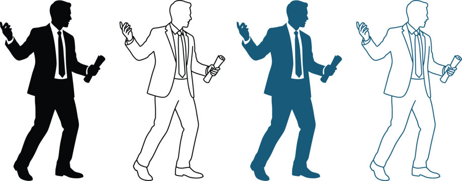 businessman public relations officer icon with microphone hand gesture and speech concept outline