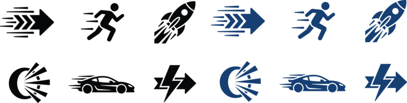 speed icon collection with arrow, runner, rocket, car and lightning symbols in blue and black