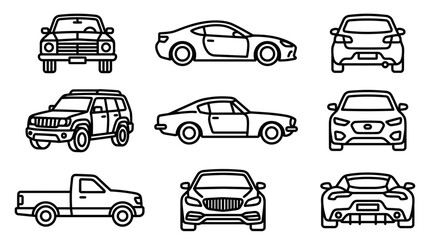 Obraz premium Set of various car outline icons from front side and rear perspectives