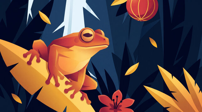 Vibrant Orange Tree Frog on Leaf in Dark Tropical Rainforest Vector Illustration