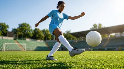 Naklejka premium African american woman soccer player kicking ball on green grass field. Professional athlete playing match at stadium. Concept of sports training, active lifestyle and competition.