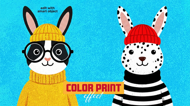 Set of two cute cartoon rabbits wearing hats and sweaters, one with glasses, vintage comic book style illustration with halftone texture and color print effect