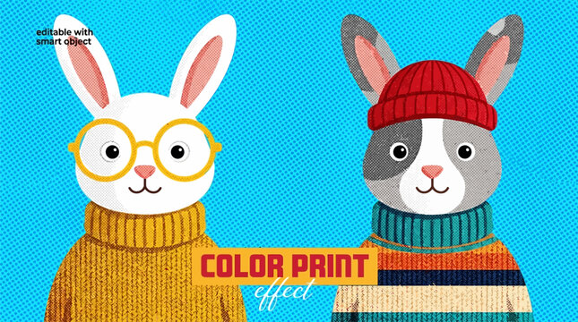 Two cute cartoon rabbits with halftone print effect, one wearing yellow glasses and a sweater, the other wearing a red beanie and a striped sweater