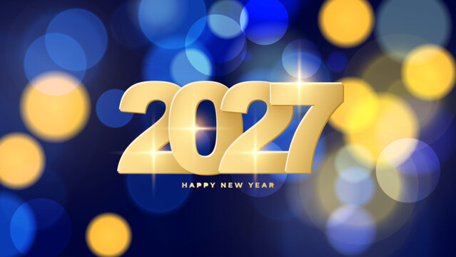 2027 Happy New Year. Gold colored numbers. New Year 2027 bright holiday background. Bokeh lights. Vector illustration.