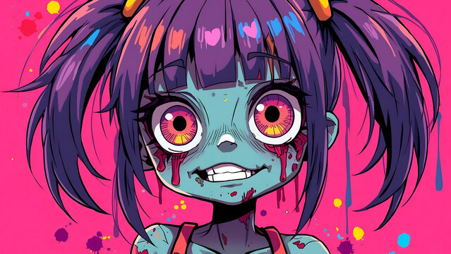 Playful Monster Girl in Neon Paint Splash Style | Anime Horror Aesthetic