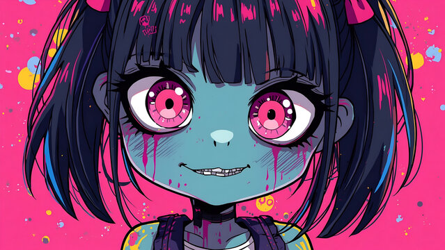 Neon Zombie Anime Girl with Giant Eyes | Cute Horror Wallpaper