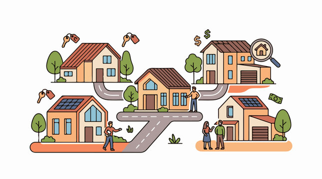 A colorful illustration of a man and woman navigating a road that splits to various houses