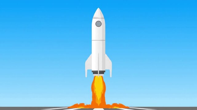 Rocket Launching into Blue Sky with Fiery Exhaust.