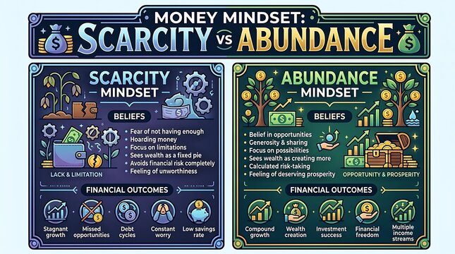 Financial mindset infographic comparing scarcity and abundance beliefs