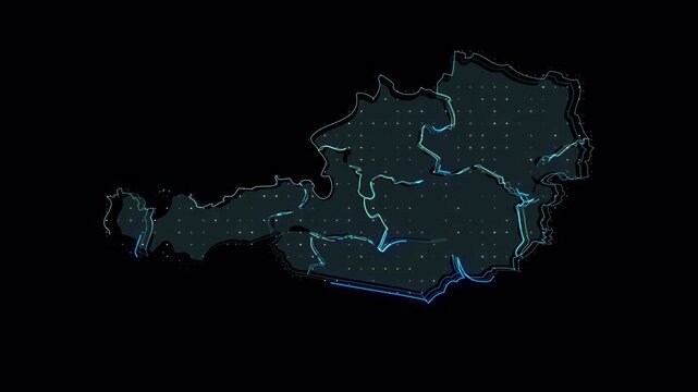 Abstract Digital Glowing Map of Austria Showing Regional Boundaries.