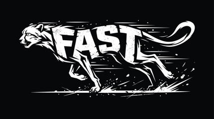 Fast cheetah running silhouette with bold typography, black and white grunge style depicting speed and motion for apparel or poster © MD