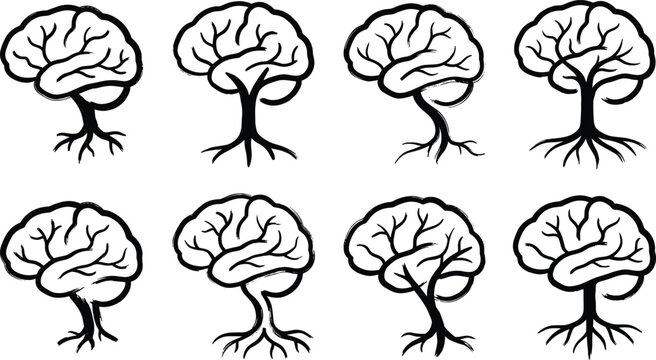 Collection of eight human brain merged with tree roots and branches in black and white line style
