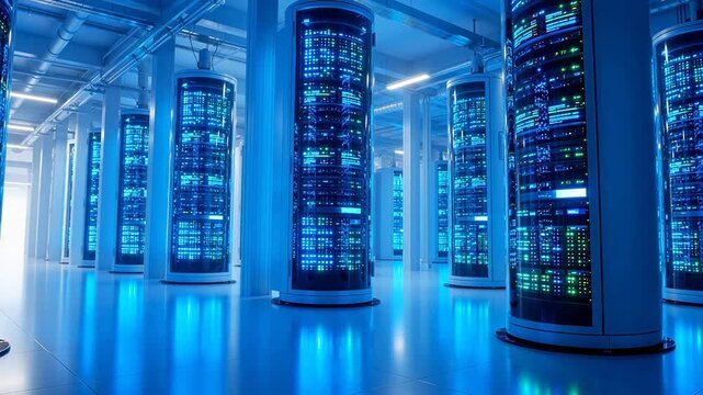 Rows of server towers in a data center