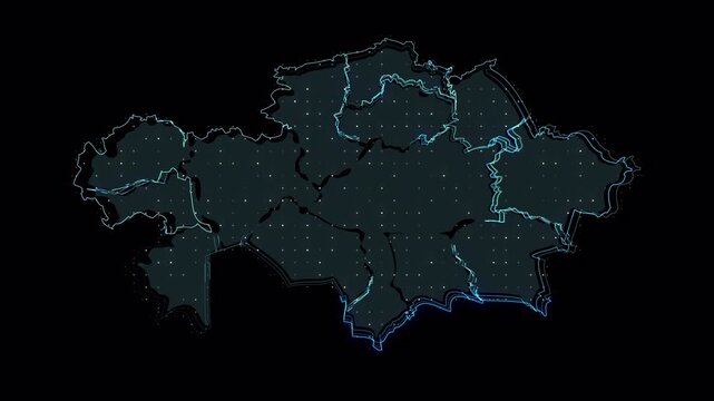 Abstract Digital Animation Showing Kazakhstan Map Regions Glowing.
