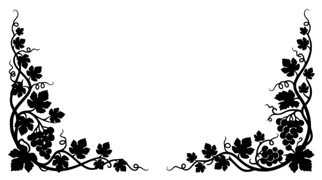Grapevine silhouette corner border with leaves and grape clusters